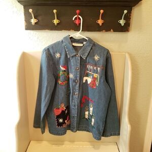 VTG Ugly Christmas Denim Shirt Angels Appliqued
